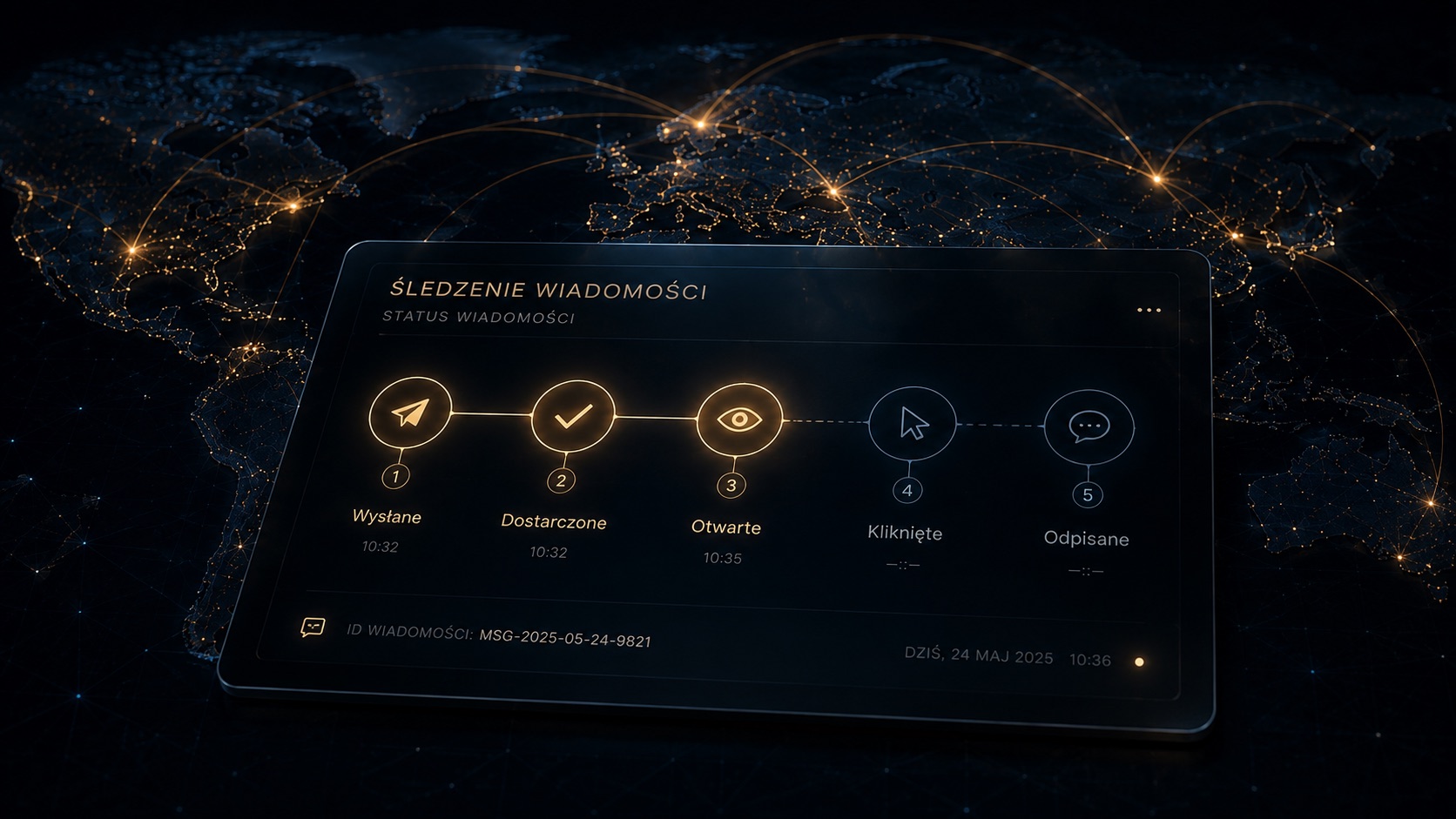 Tablet z osią statusu wiadomości — wysłane, dostarczone, otwarte, kliknięte, odpisane — na tle nocnej mapy świata