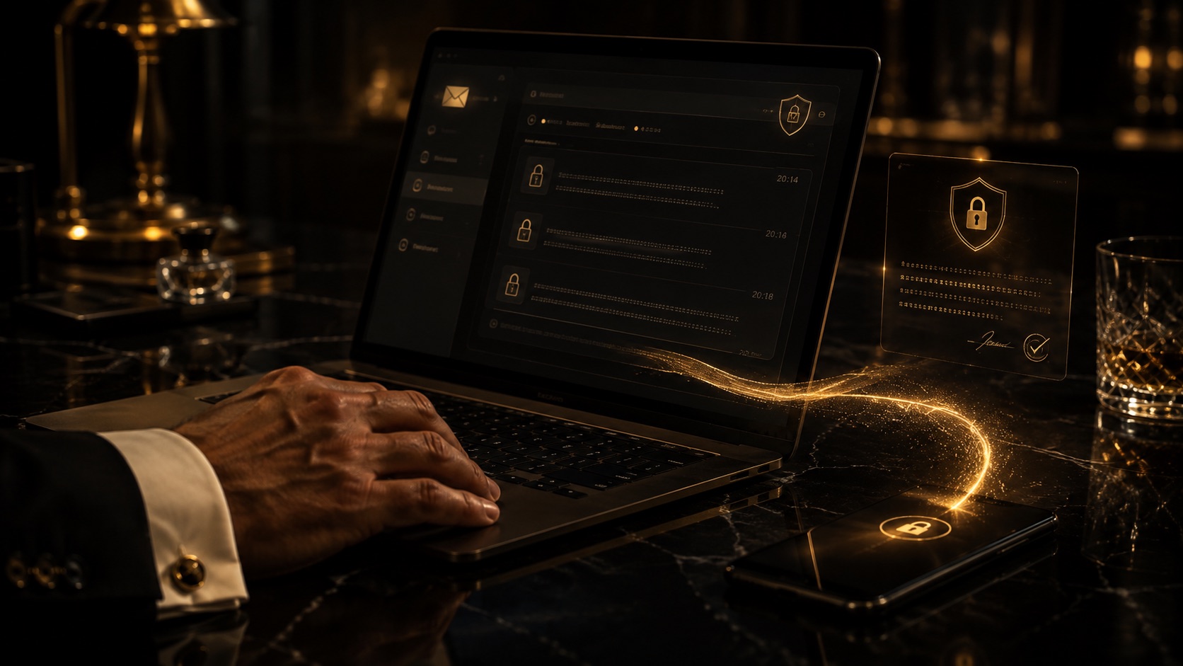 Dłoń na klawiaturze laptopa z listą wiadomości; ze zrzutu wypływa złota smuga danych