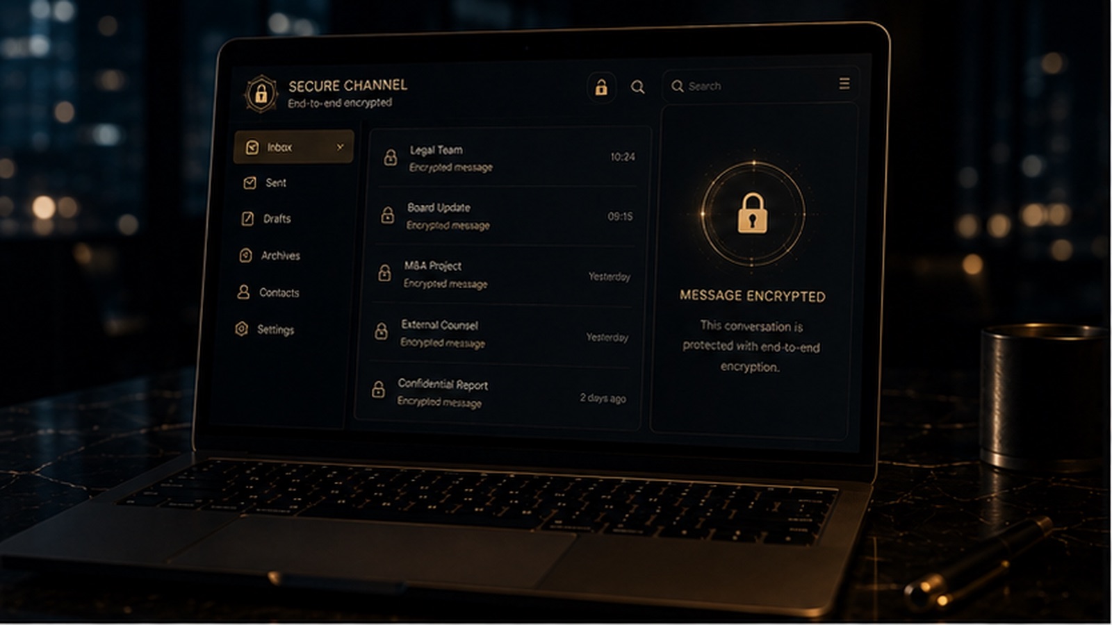 Laptop na marmurowym biurku z otwartą skrzynką odbiorczą i listą folderów